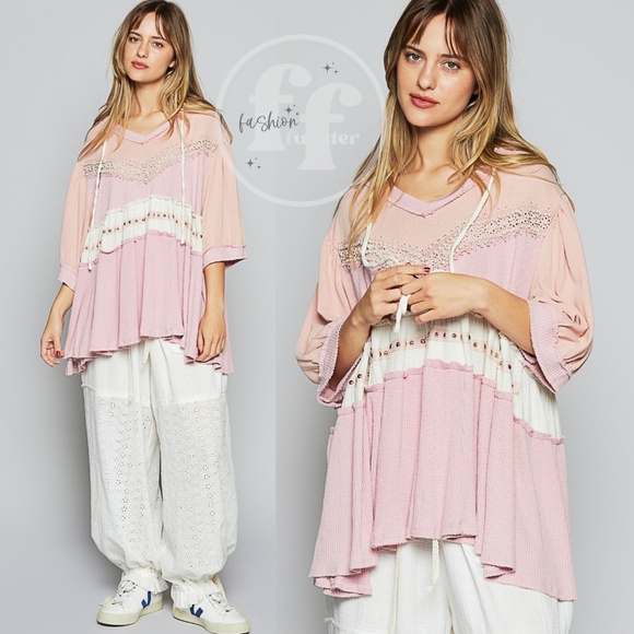 POL Pink White Strawberry Milk Pearl and Stud Embellished Color Block Hoodie Top - Picture 5 of 5